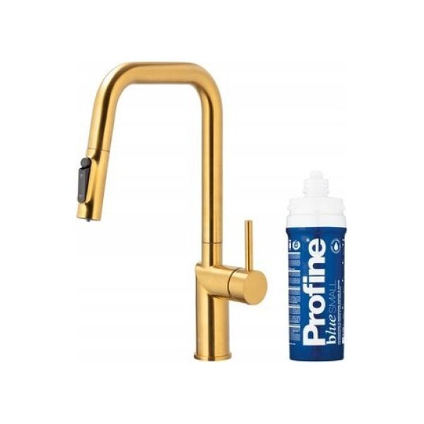 Bateria kuchenna KFA DUERO PURE STYLE PULL-OUT BATERIA KUCHENNA Z FUNKCJĄ FILTRACJI WODY I WYCIĄGANĄ WYLEWKĄ + ZESTAW FILTRUJĄCY PROFINE BLUE S, BRUSHED GOLD