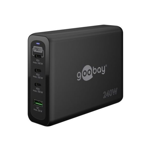 Ładowarka Goobay Wieloportowa szybka ładowarka USB-C PD GaN (240 W), czarny - Wersja kolorystyczna czarny
