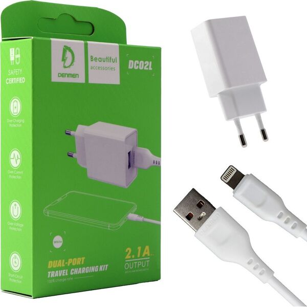 Ładowarka Vega ŁADOWARKA SIECIOWA 2.1A 10W  BIAŁA DENMEN 2100mA 2xUSB DC02 + KABEL IPHONE WHITE>