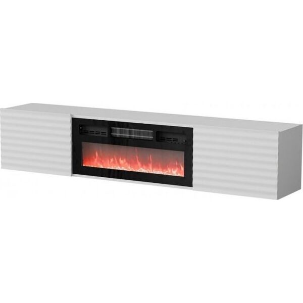 Cama Meble Szafka RTV TULA 183x35x37 biały mat + czarny kominek