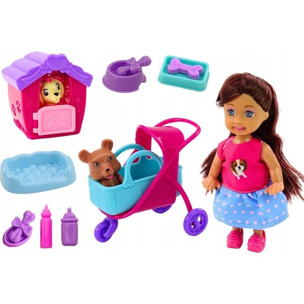 LeanToys Laleczka Z Psami Lalka Piesek Buda Akcesoria Różowe Szczeniak 16 ele.