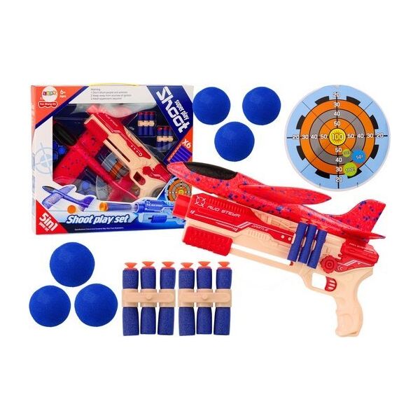 LeanToys Pistolet Na Strzałki Kulki Piankowe Wyrzutnia Samolotu Tarcza Zestaw 5w1