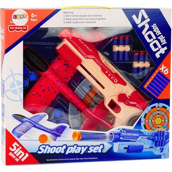 LeanToys Pistolet Na Strzałki Kulki Piankowe Wyrzutnia Samolotu Tarcza Zestaw 5w1