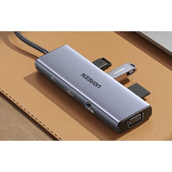 HUB USB Ugreen Hub USB-C Ugreen CM498, 3x USB 3.0, HDMI 4k 30Hz, VGA, RJ45, SD/TF, PD 100W (szary)