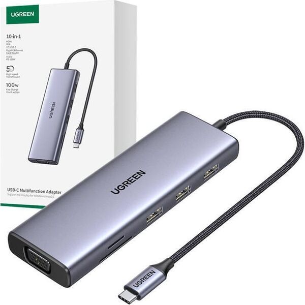 HUB USB Ugreen Hub USB-C Ugreen CM498, 3x USB 3.0, HDMI 4k 30Hz, VGA, RJ45, SD/TF, PD 100W (szary)