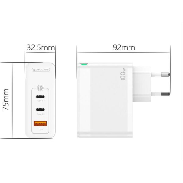 Ładowarka Jellico Ładowarka Sieciowa GaN 100W 1x QC3.0 USB + 2x PD USB-C Jellico C118 biała