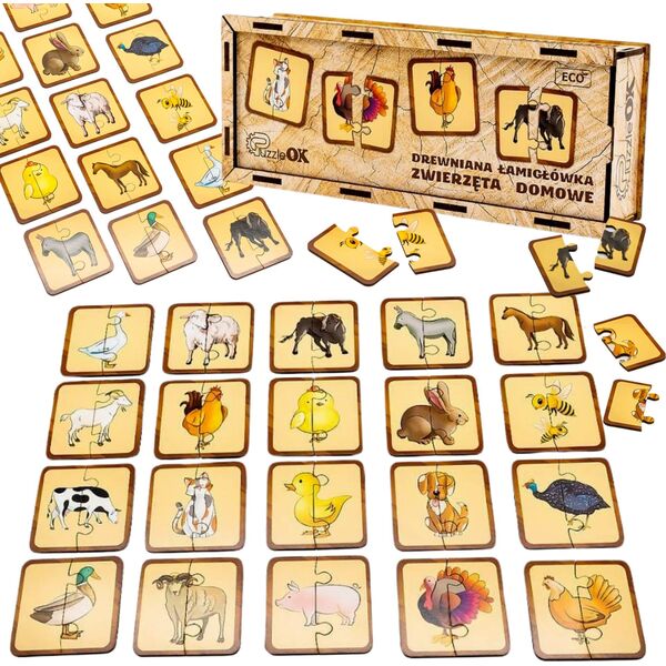 PuzzleOK Drewniana Łamigłówka Zwierzęta Domowe Łączenie Połówek Zestaw Puzzle