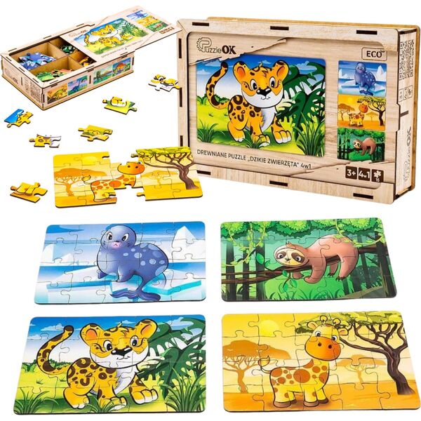 PuzzleOK Drewniane Puzzle 4w1 Dzikie Zwierzęta Układanka Zestaw Żyrafa Leniwiec
