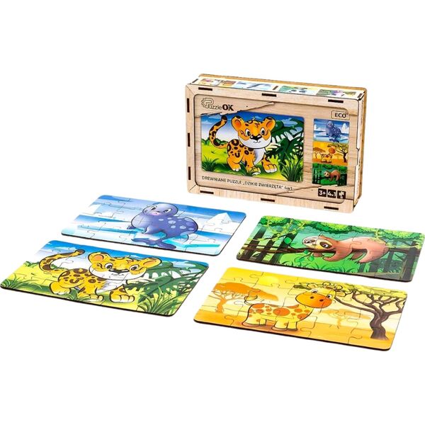 PuzzleOK Drewniane Puzzle 4w1 Dzikie Zwierzęta Układanka Zestaw Żyrafa Leniwiec
