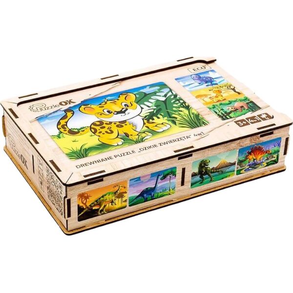 PuzzleOK Drewniane Puzzle 4w1 Dzikie Zwierzęta Układanka Zestaw Żyrafa Leniwiec
