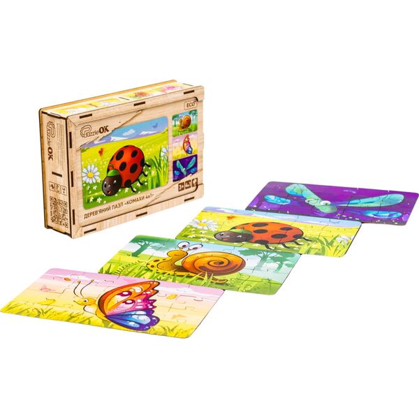 PuzzleOK Drewniane Puzzle 4w1 Owady Układanka Zestaw Zwierzątka Biedronka Ślimak