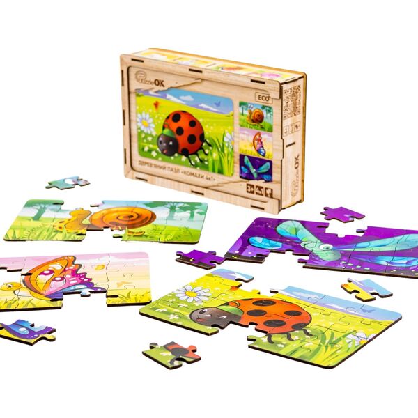 PuzzleOK Drewniane Puzzle 4w1 Owady Układanka Zestaw Zwierzątka Biedronka Ślimak