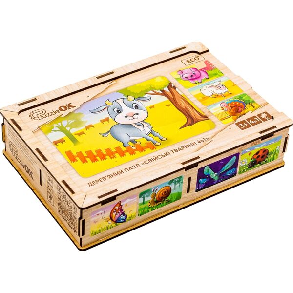 PuzzleOK Drewniane Puzzle 4w1 Zwierzęta Na Farmie Układanka Zestaw Farma