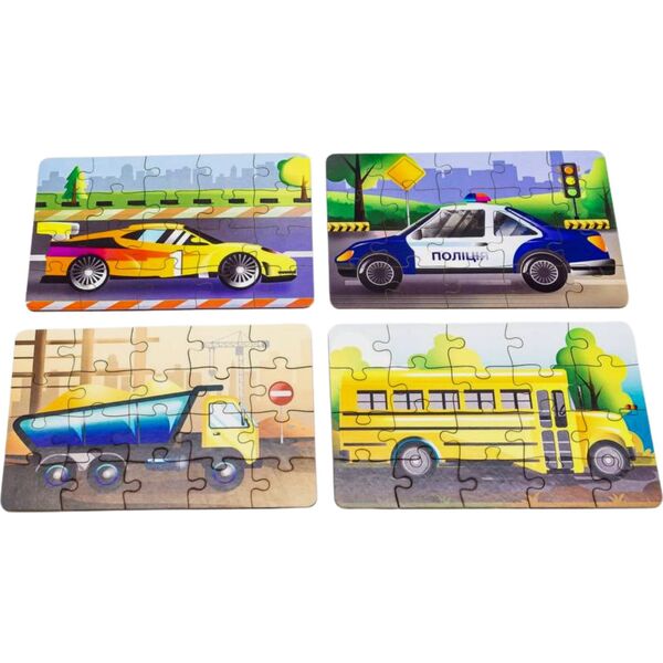 PuzzleOK Drewniane Puzzle 4w1 Pojazdy Układanka Zestaw Środki Transportu Samochody