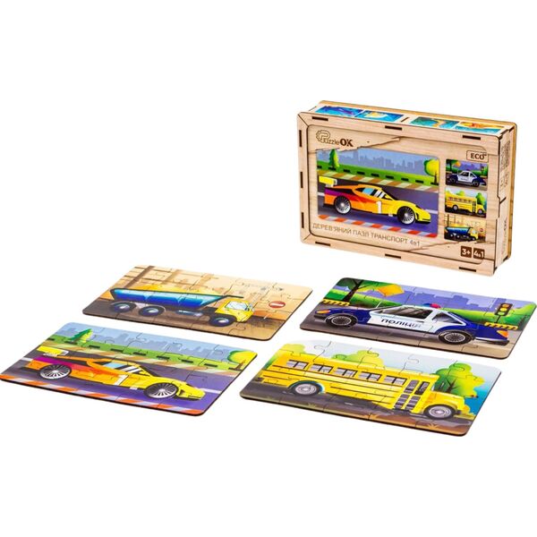 PuzzleOK Drewniane Puzzle 4w1 Pojazdy Układanka Zestaw Środki Transportu Samochody