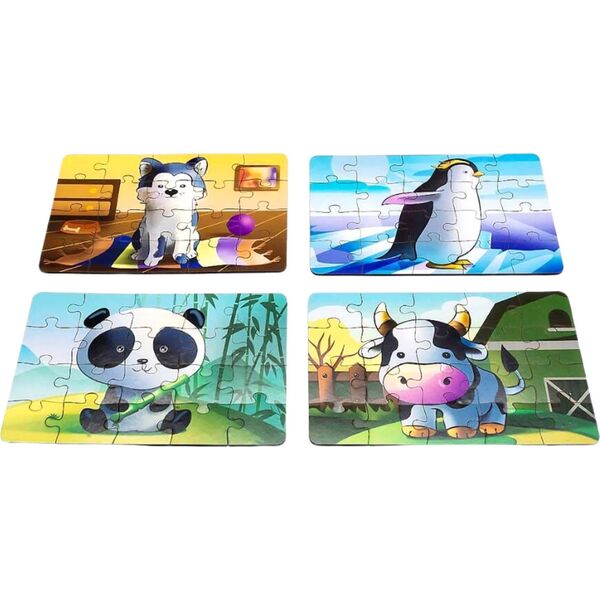 PuzzleOK Drewniane Puzzle 4w1 Zwierzęta Układanka Zestaw Krówka Piesek Panda Pingwin