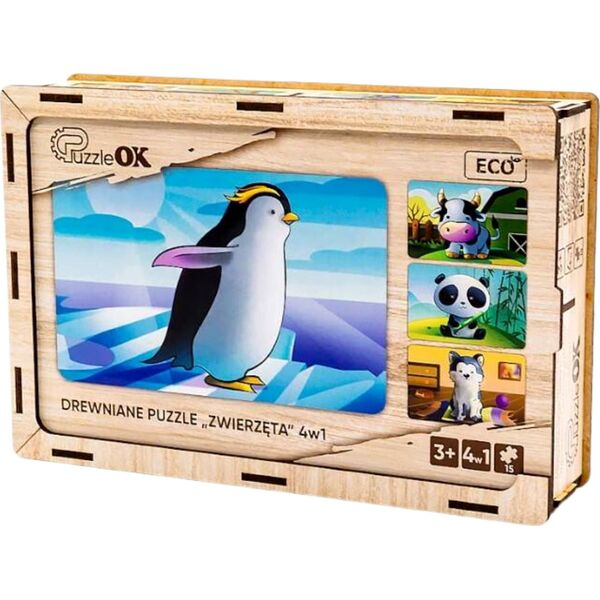 PuzzleOK Drewniane Puzzle 4w1 Zwierzęta Układanka Zestaw Krówka Piesek Panda Pingwin