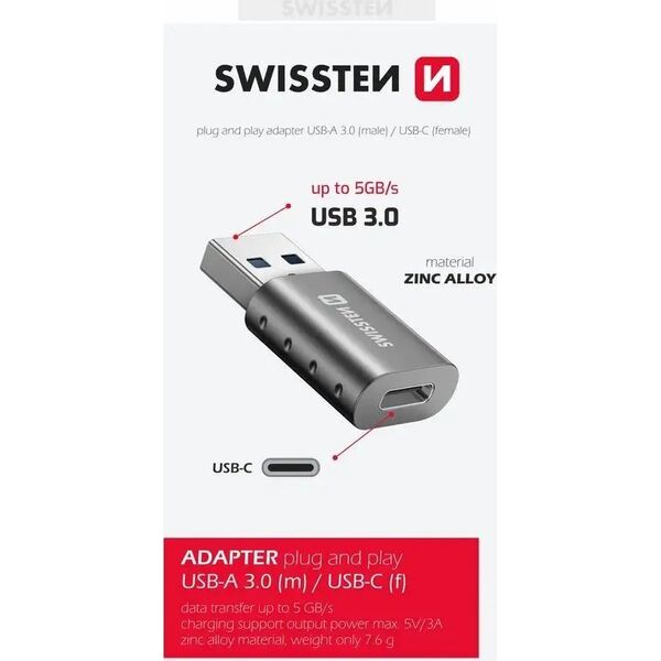 Adapter USB Swissten Adapter USB-A(M)/USB-C(F)