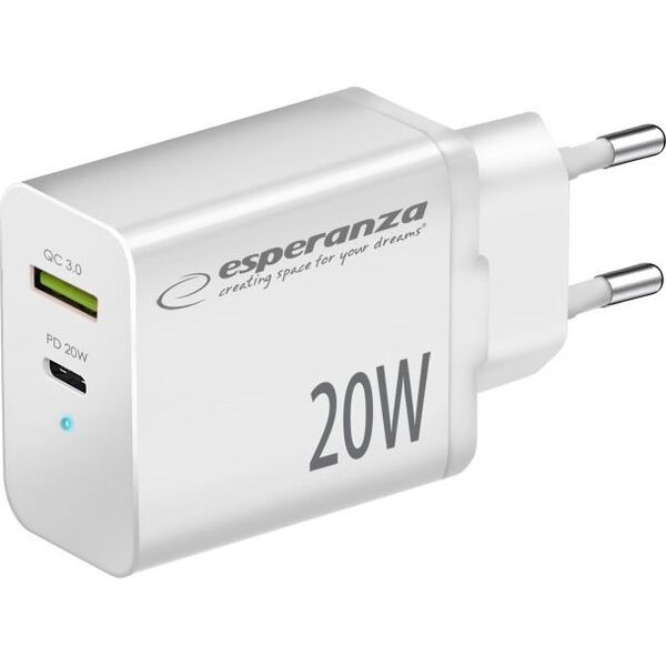 Ładowarka Esperanza EZC105W Esperanza ładowarka sieciowa 20w usb-c pd 20w / usb-a qc 3.0 18w biała