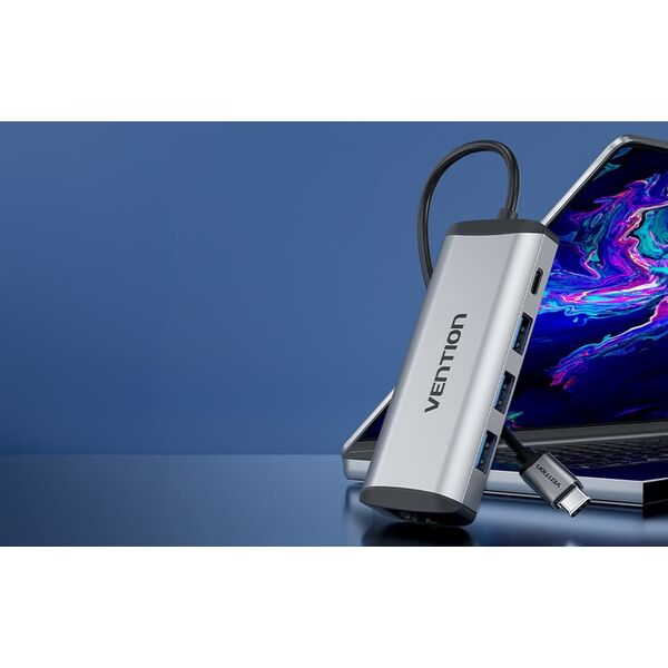 HUB USB Vention Vention Vėdinimo prijungimo stotelė 9 į 1: USB-C į HDMI/USB3.0 x 3/RJ45/SD/TF/garsas 3,5 mm/PD 0,15 pilka