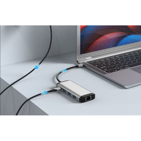 HUB USB Vention Vention Vėdinimo prijungimo stotelė 9 į 1: USB-C į HDMI/USB3.0 x 3/RJ45/SD/TF/garsas 3,5 mm/PD 0,15 pilka