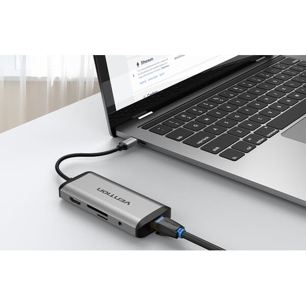 HUB USB Vention Vention Vėdinimo prijungimo stotelė 9 į 1: USB-C į HDMI/USB3.0 x 3/RJ45/SD/TF/garsas 3,5 mm/PD 0,15 pilka