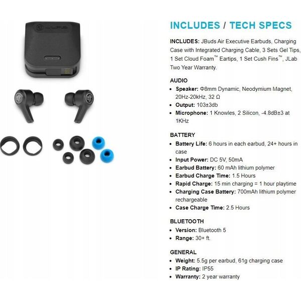 Słuchawki JLab Audio JLab EBJBAIREXECRWHT82, Headphones, In-ear, Calls/Music, Black, Binaural, IP55