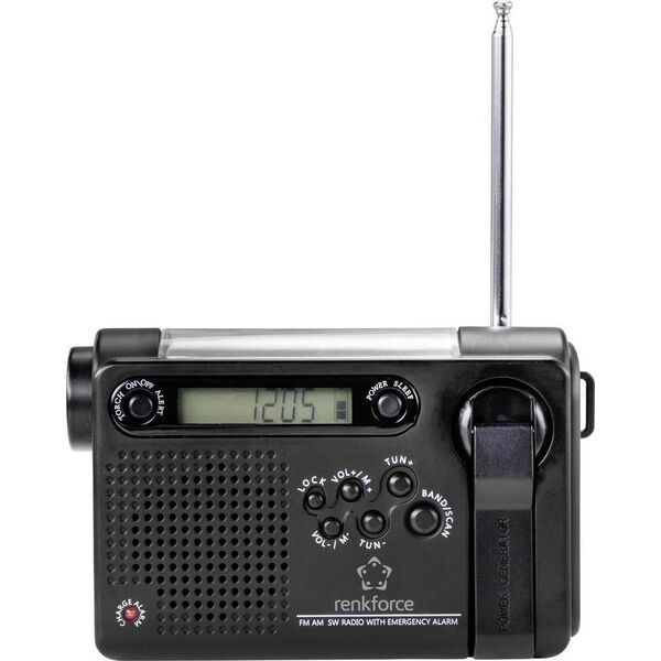 Radio budowlane Renkforce Renkforce RF-CR-200 Kofferradio UKW, MW, KW wiederaufladbar, Solarpanel, Handkurbel, Weckfunktion, Taschenlampe Schwarz (RF-4694806)