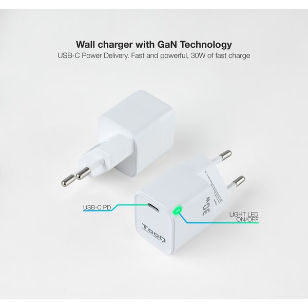 Ładowarka TooQ TooQ GAN USB-C/PD Wall Charger 30W, White, Indoor, AC, White