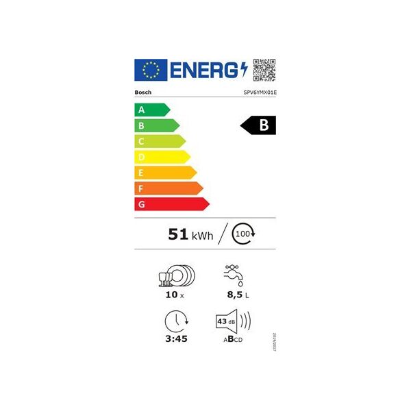 Zmywarka Bosch Bosch | Dishwasher | SPV6YMX01E | Built-in | Width 45 cm | Number of place settings 10 | Number of programs 6 | Energy efficiency class B | Display | AquaStop function | White