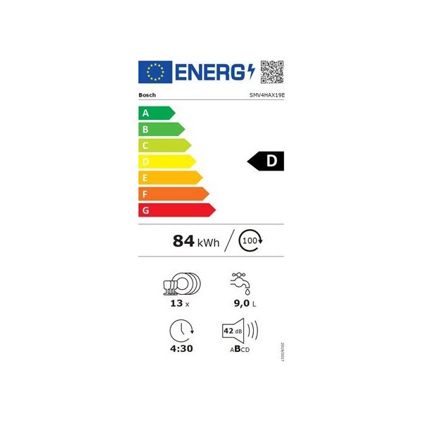Zmywarka Bosch Dishwasher | SMV4HAX19E | Built-in | Width 60 cm | Number of place settings 13 | Number of programs 6 | Energy efficiency class D | Display | AquaStop function | White