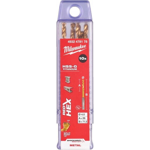 Wiertło Milwaukee MILWAUKEE METAL DRILL HSS-G TIN 4.0mm HEX (10 pcs.)