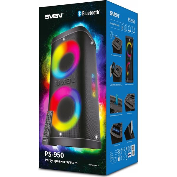 Głośnik Sven Portable speaker SVEN PS-950 black power output 2x80W (RMS) TWS Bluetooth IPx4 FM USB microSD LED-display lithium battery