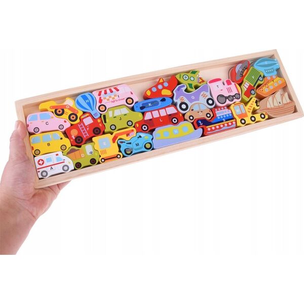 Jokomisiada Duży zestaw POJAZDY 27ele alfabet literki Puzzle drewniane ZA4747