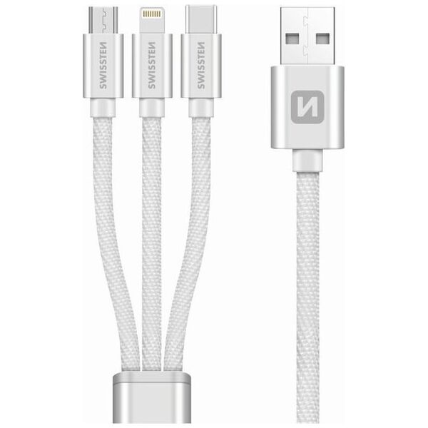 Kabel USB Swissten USB-A - USB-C + micro-B + Lightning 1.2 m Srebrny (SV0153259010)