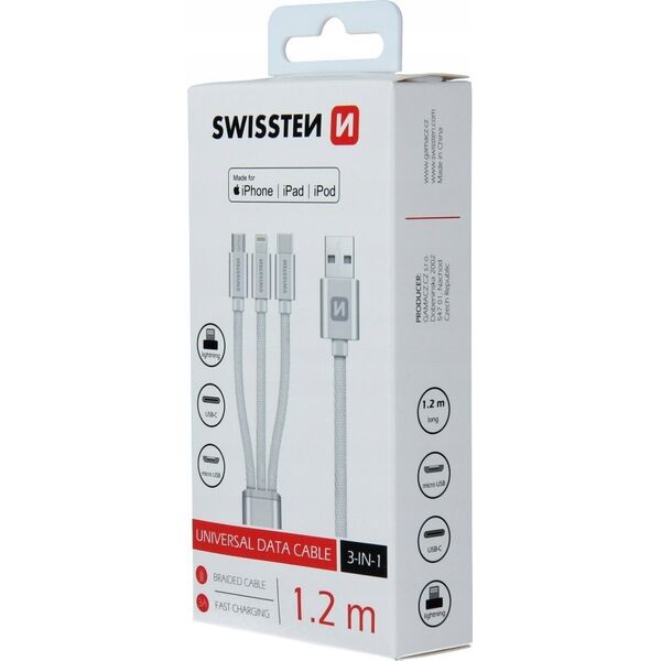 Kabel USB Swissten USB-A - USB-C + micro-B + Lightning 1.2 m Srebrny (SV0153259010)