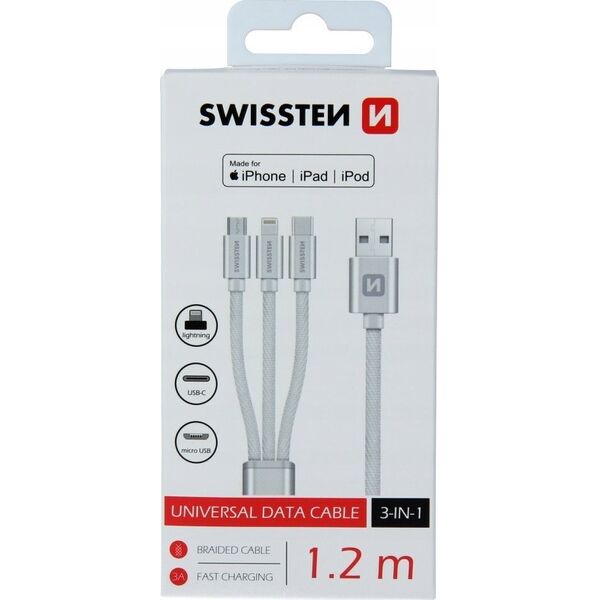Kabel USB Swissten USB-A - USB-C + micro-B + Lightning 1.2 m Srebrny (SV0153259010)