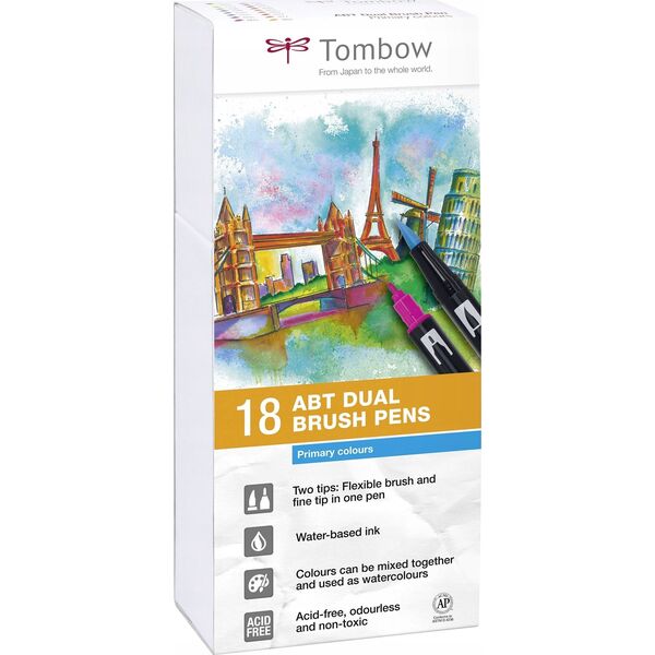 Tombow Tombow ABT-18P-1, 18 colours, Multicolour, Bullet tip & Brush tip, 0.8 mm, 1 cm, Black