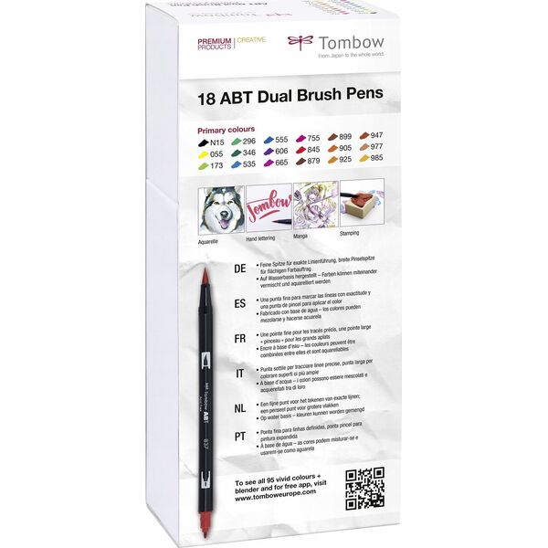 Tombow Tombow ABT-18P-1, 18 colours, Multicolour, Bullet tip & Brush tip, 0.8 mm, 1 cm, Black