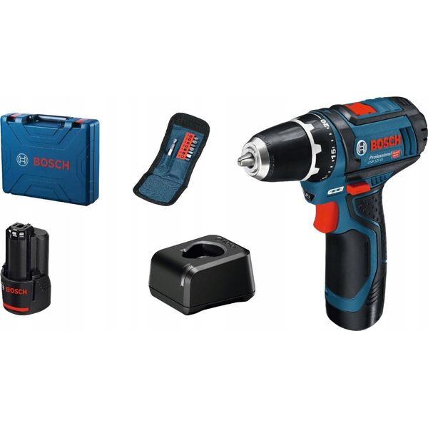 Bosch Professional Cordless screwdriver BOSCH Professional GSR 12V-15, 2 batteries 12V, 2.0 Ah, set of 10 accessories,