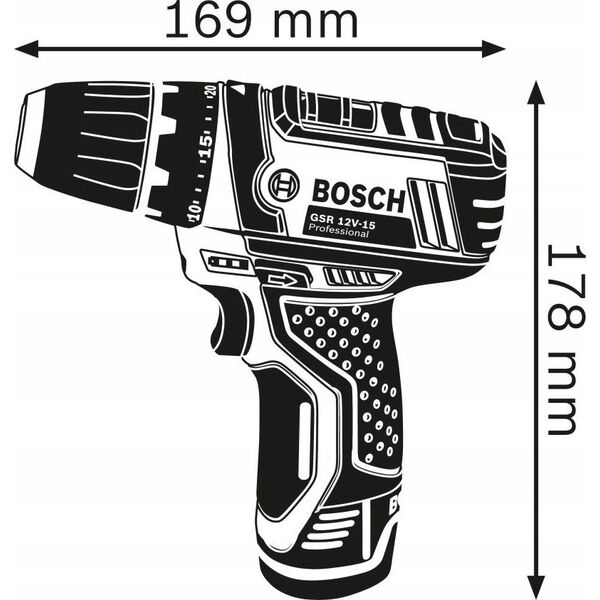 Bosch Professional Cordless screwdriver BOSCH Professional GSR 12V-15, 2 batteries 12V, 2.0 Ah, set of 10 accessories,