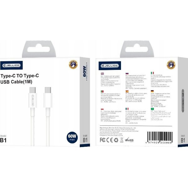 Kabel USB Jellico JELLICO kabel B1 USB-C - USB-C PD 60W 1M Biały