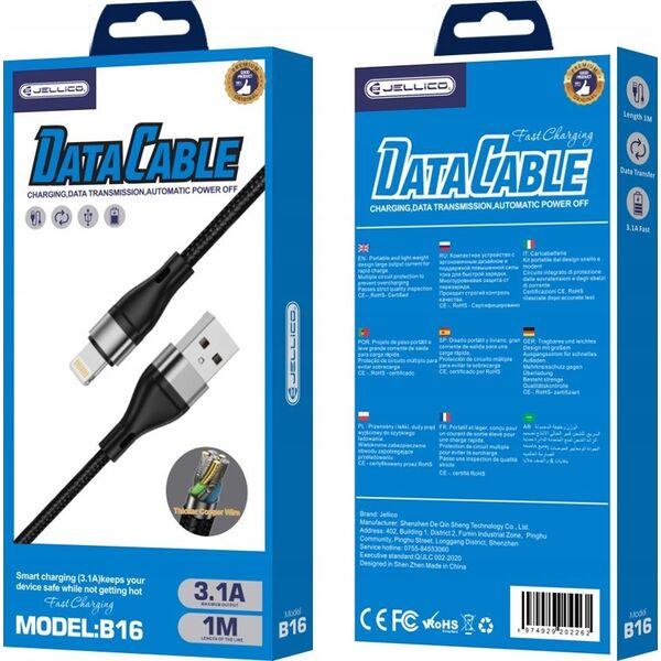 Kabel USB Jellico JELLICO kabel B16 Lightning 3.1A 1M Czarny