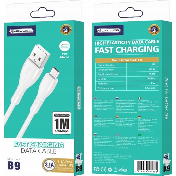 Kabel USB Jellico JELLICO kabel B9 Micro USB 3.1A 1M Biały