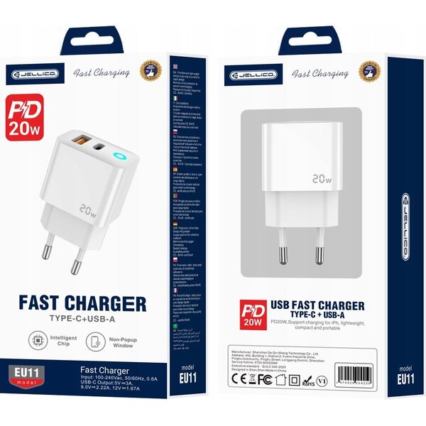 Ładowarka Jellico JELLICO ładowarka sieciowa EU11 PD 20W 1xUSB-C + 1xUSB QC3.0 + kabel USB-C - USB-C Biały