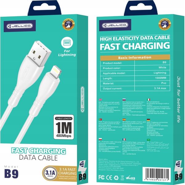 Kabel USB Jellico JELLICO kabel B9 Lightning 3.1A 1M Biały