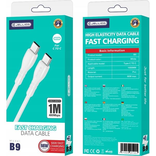 Kabel USB Jellico JELLICO kabel B9 USB-C - USB-C PD 66W 1M Biały