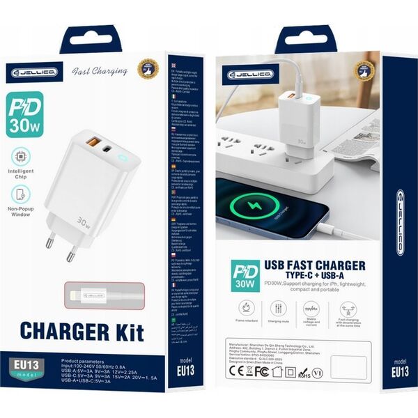 Ładowarka Jellico JELLICO ładowarka sieciowa EU13 GaN PD 30W 1xUSB-C + 1xUSB QC3.0 + kabel USB-C - Lightning Biały
