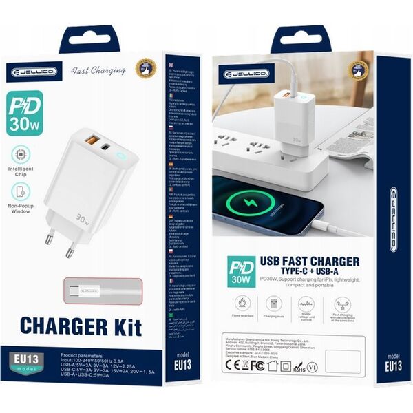Ładowarka Jellico JELLICO ładowarka sieciowa EU13 GaN PD 30W 1xUSB-C + 1xUSB QC3.0 + kabel USB-C - USB-C Biały