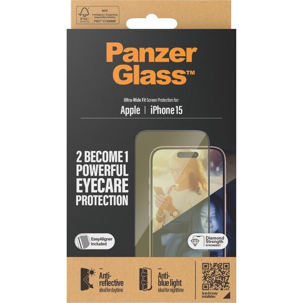 PanzerGlass PanzerGlass Ultra-Wide Fit iPhone 15 6.1" 2in1 Screen Protection Anti-reflective+Anti-Blue Easy Aligner Included 2813